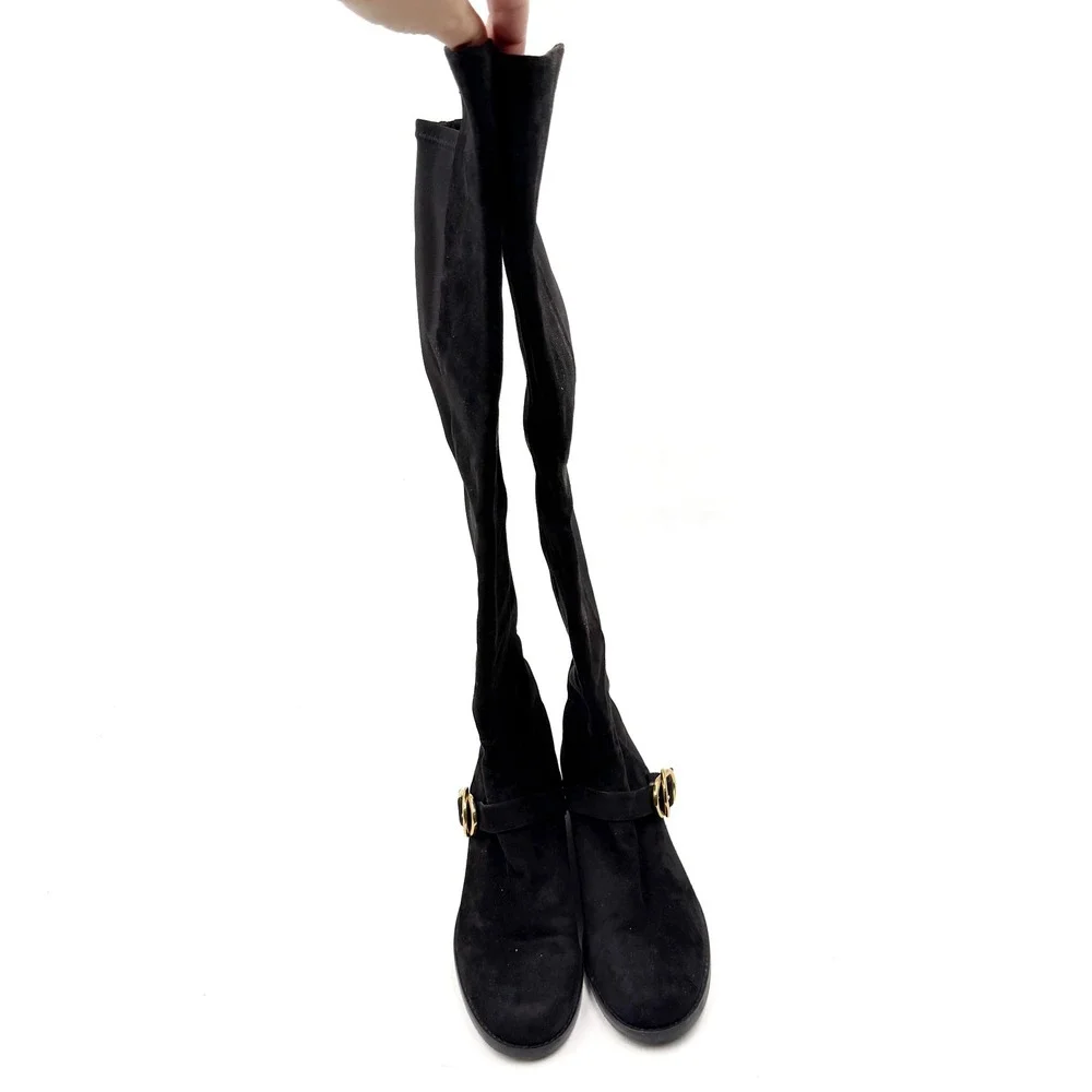Stuart Weitzman Siella 50/50 Boots Over the Knee Black Suede Pull On Flat Sz 7
